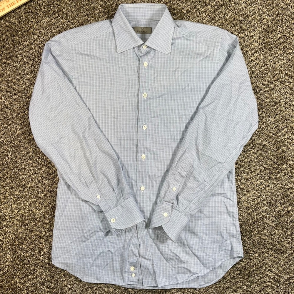 Canali 1934 Mens 15.5/39 Blue White Micro Check Cotton Dress Shirt Italy
